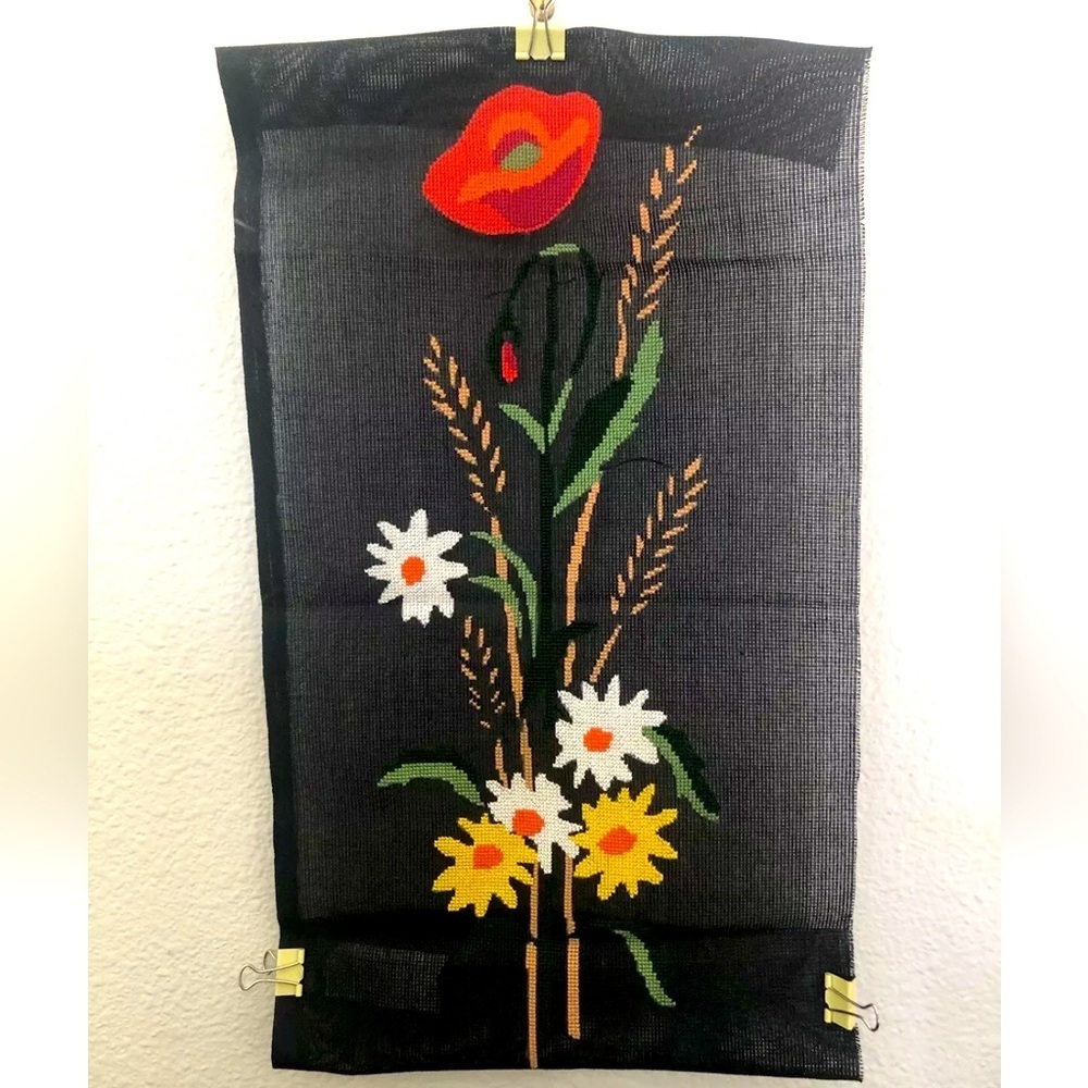 Vintage Finished Needlepoint Daisy Wheat Pansy Red White Yellow Orange Green Tan